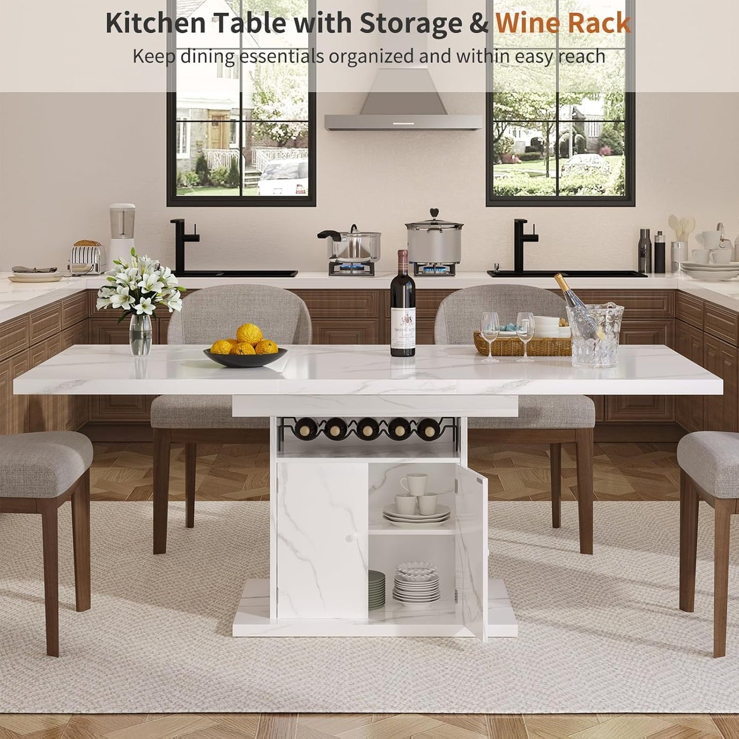 White Extendable Faux Marble Rectangular Dining Table