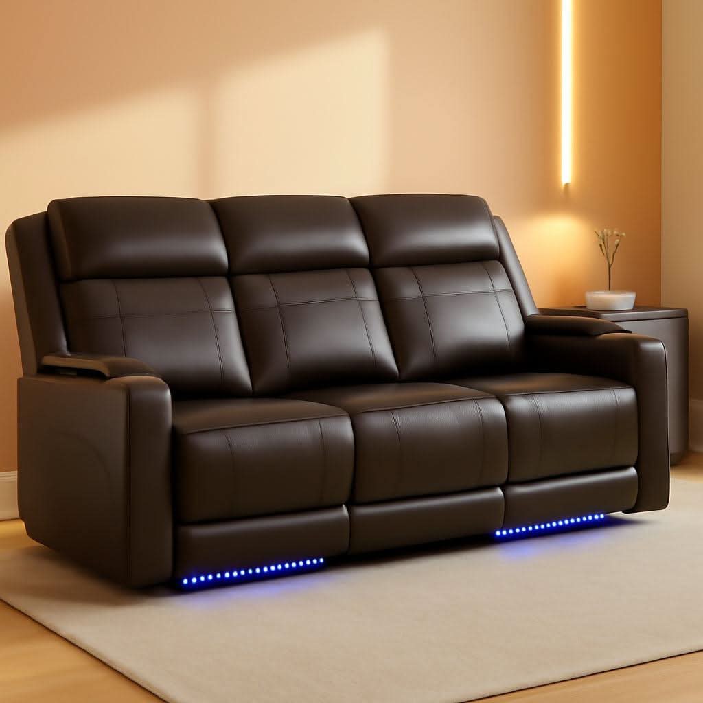 Brown Power Recliner Sofa Featuring Adjustable Headrest