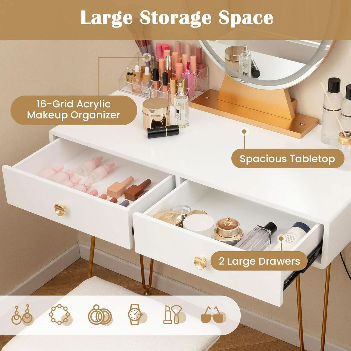 Makeup Vanity Desk White Goldtone Illuminating Mirror