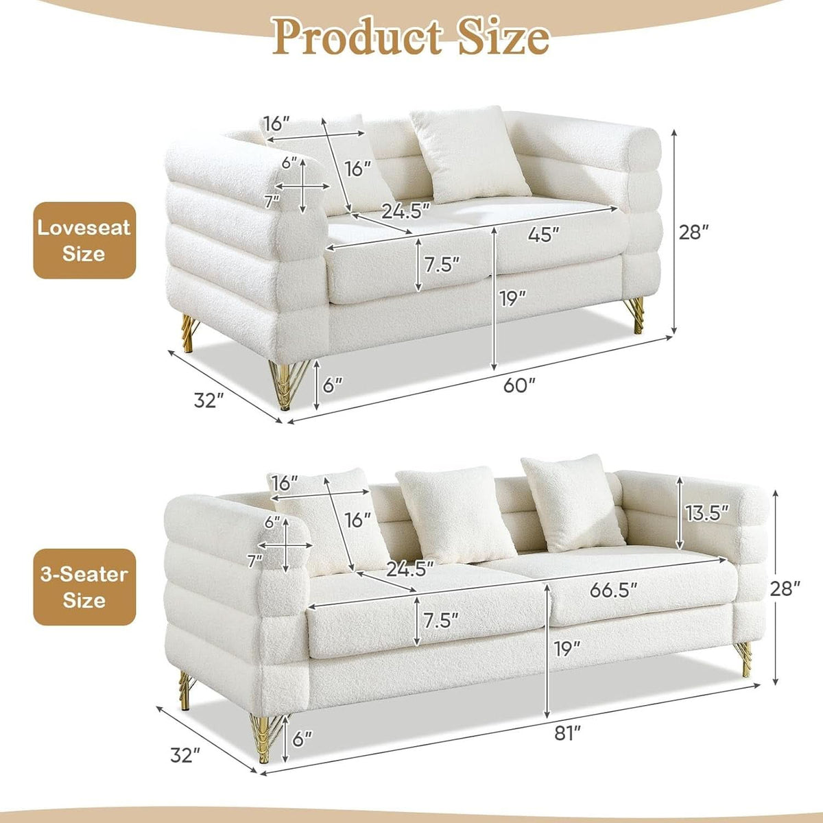 Two Piece Living Room Sofa Set White Teddy Boucle With Loveseat And Three Seater Deep Seat Cushioned Upholstered Sofa