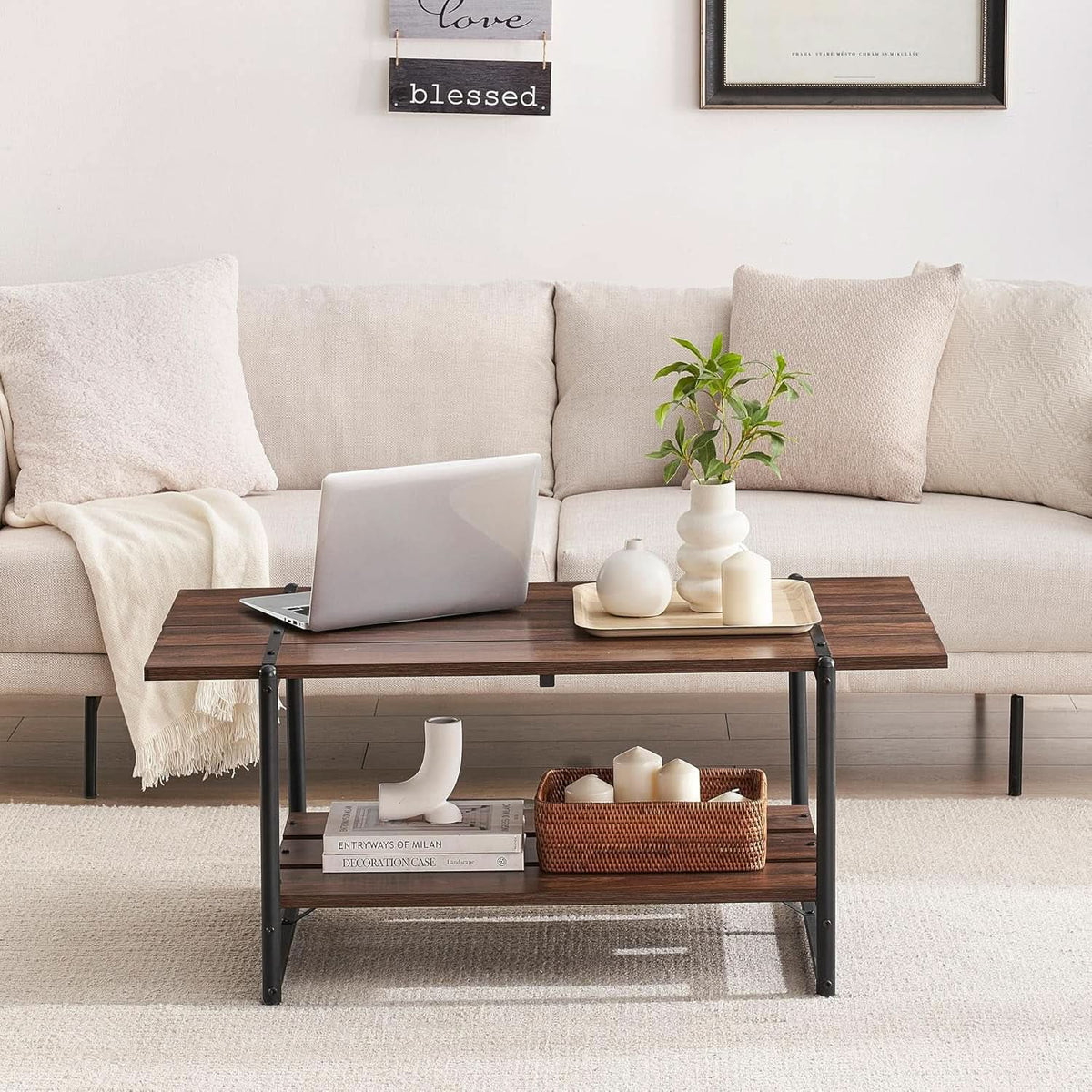 Two Tier Walnut Coffee Table Industrial Living Room