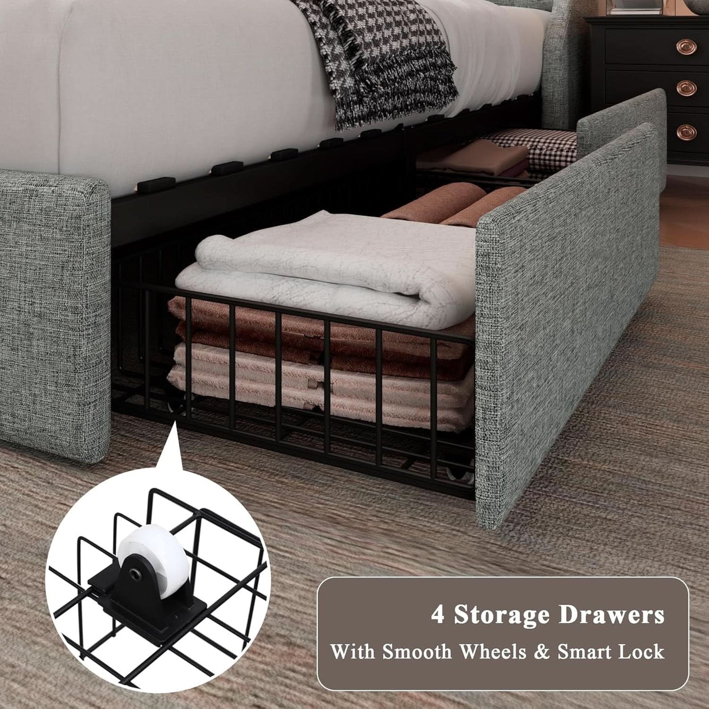 Full-Size Upholstered Bed Frame With Storage Drawers