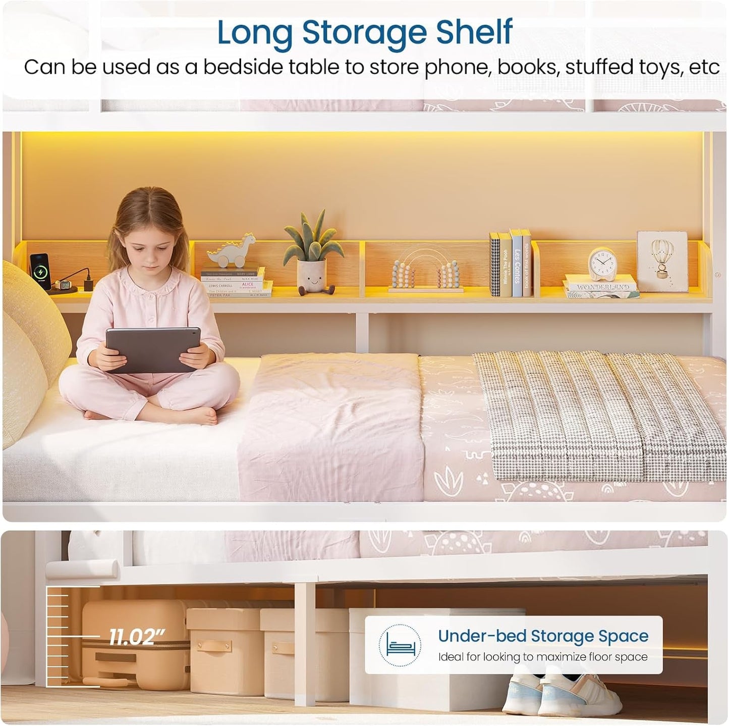 Twin Over Twin Metal Bunk Bed Integrated Storage Drawers