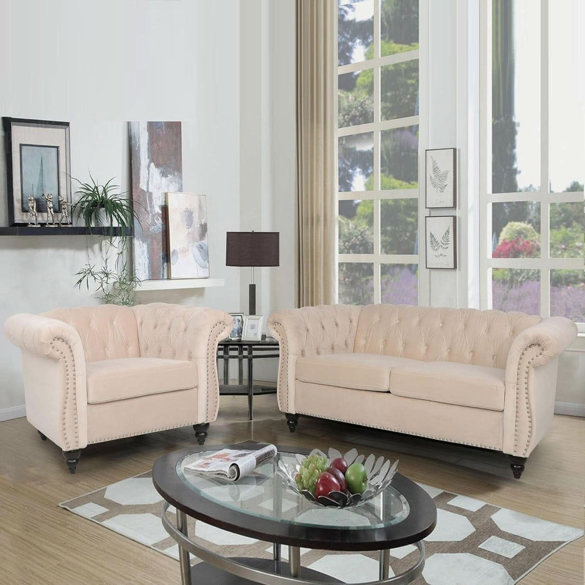 Three Piece Velvet Chesterfield Living Room Sofa Set Beige With Club Chair And Loveseat-2