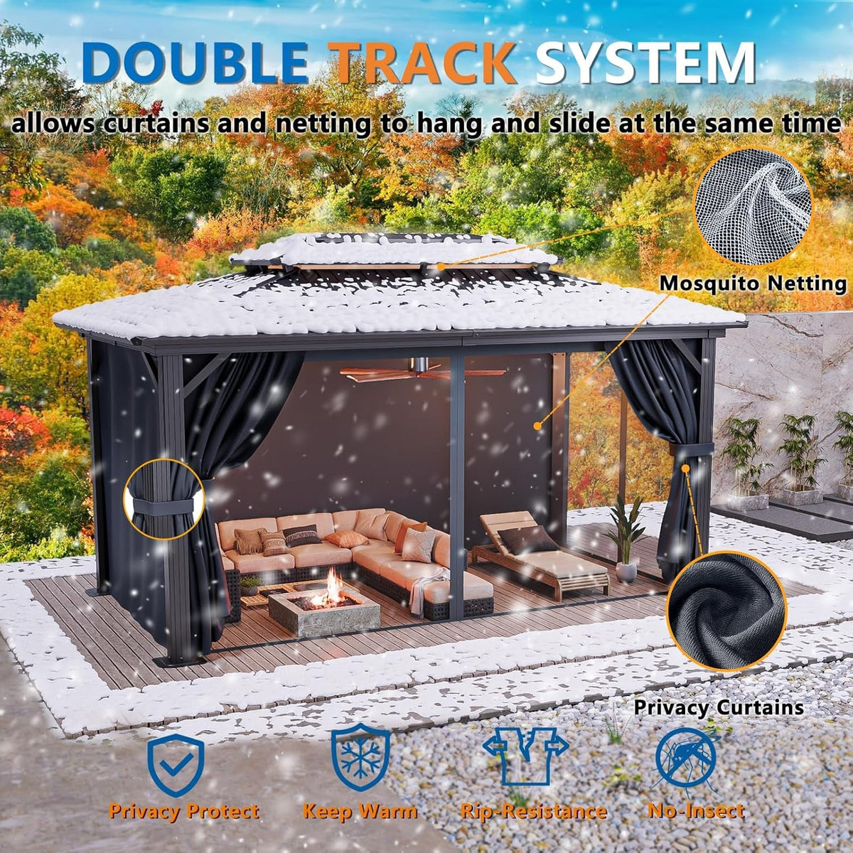 10x15 Black Hardtop Gazebo Equipped Curtains Netting