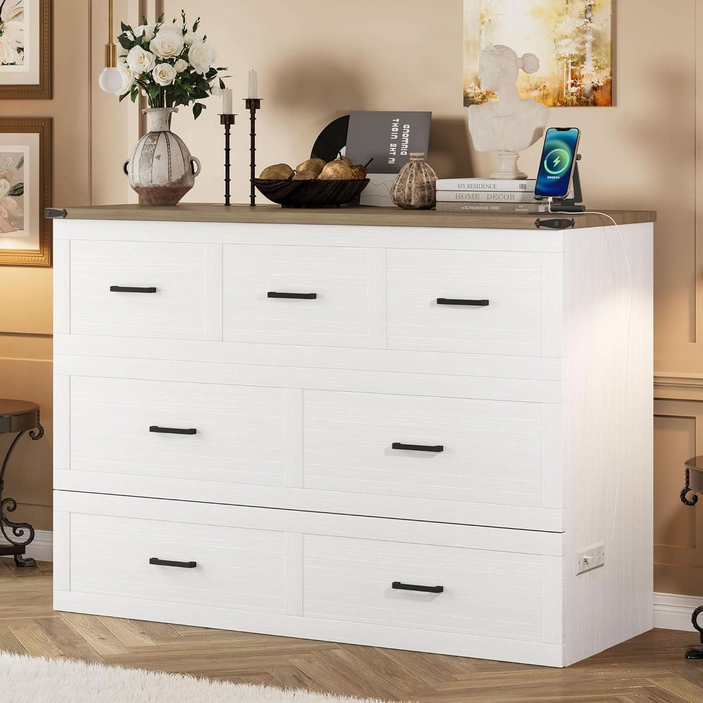 White Queen Murphy Bed Incorporating Charging Station-3