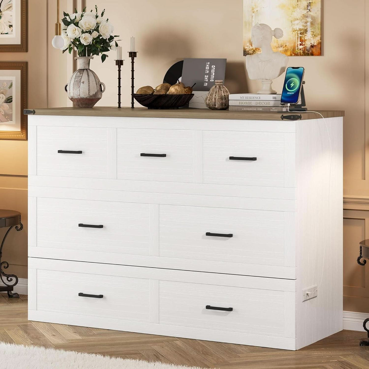 White Queen Murphy Bed Incorporating Charging Station-3