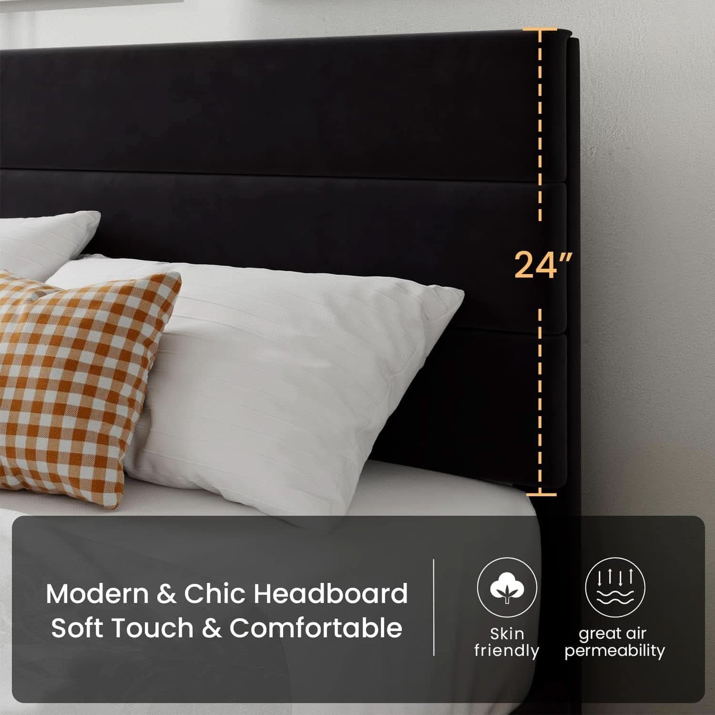 Standard Platform Bed Frame Velvet Headboard Black