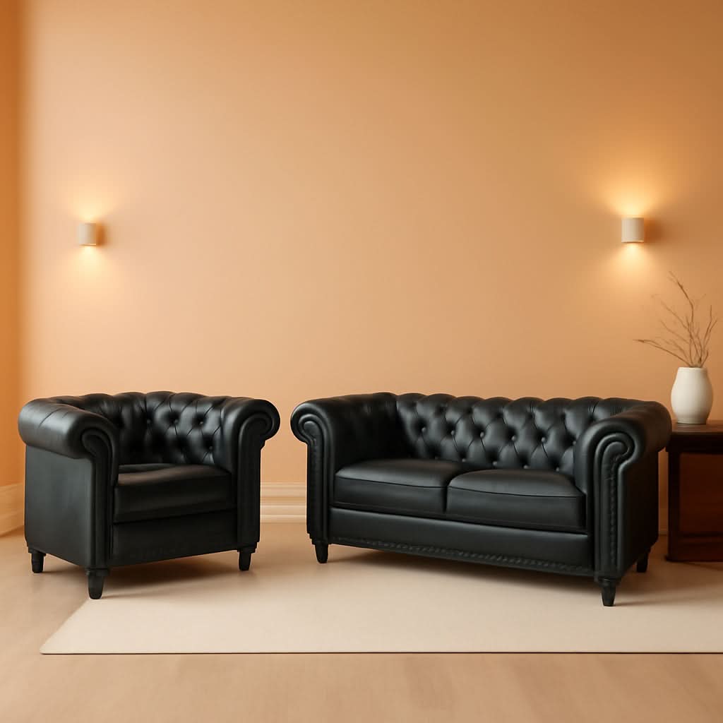 Two Piece Chesterfield Leather Living Room Set With Black Leather Loveseat And Chair-0