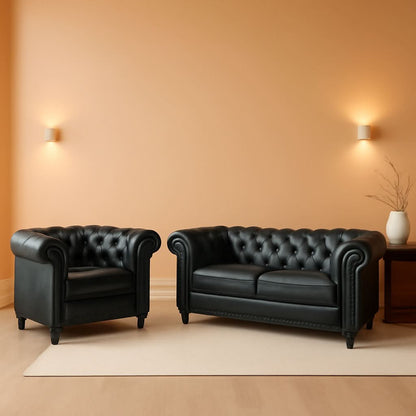 Two Piece Chesterfield Leather Living Room Set With Black Leather Loveseat And Chair-0