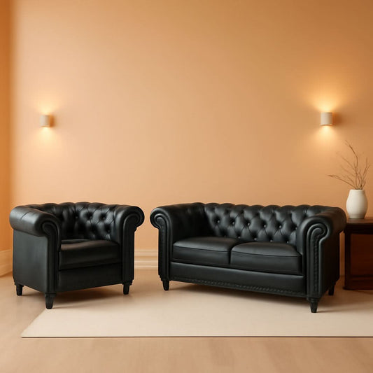 Two Piece Chesterfield Leather Living Room Set With Black Leather Loveseat And Chair-0