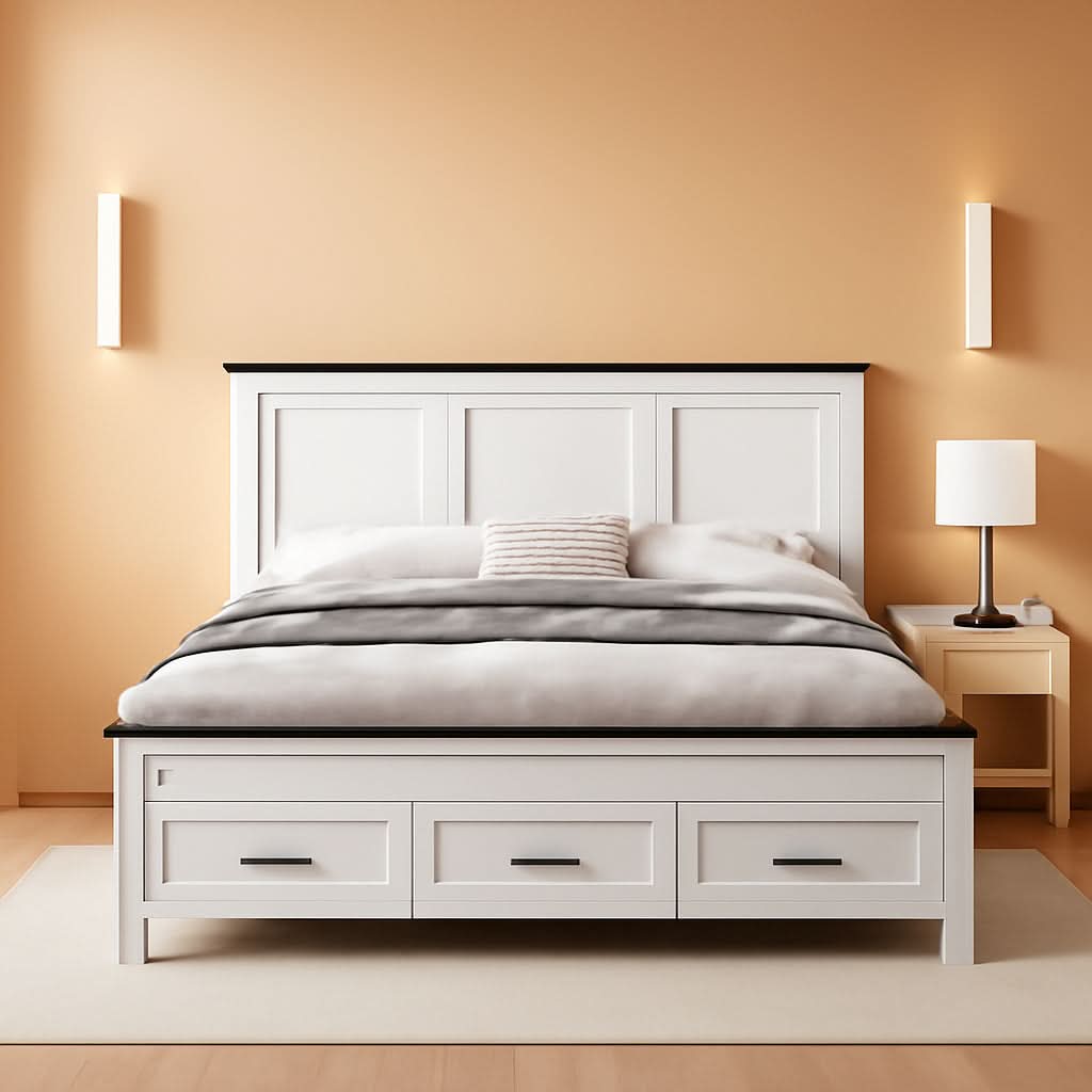 Queen Size Bed Frame Antique White Finish Storage Drawers-0