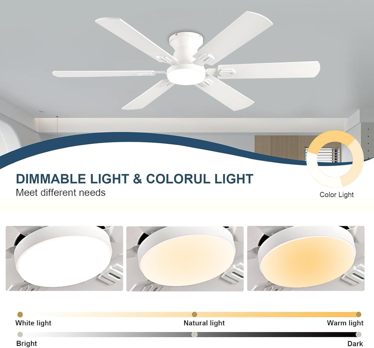 56Inch White Flush Mount Ceiling Fan Remote Control