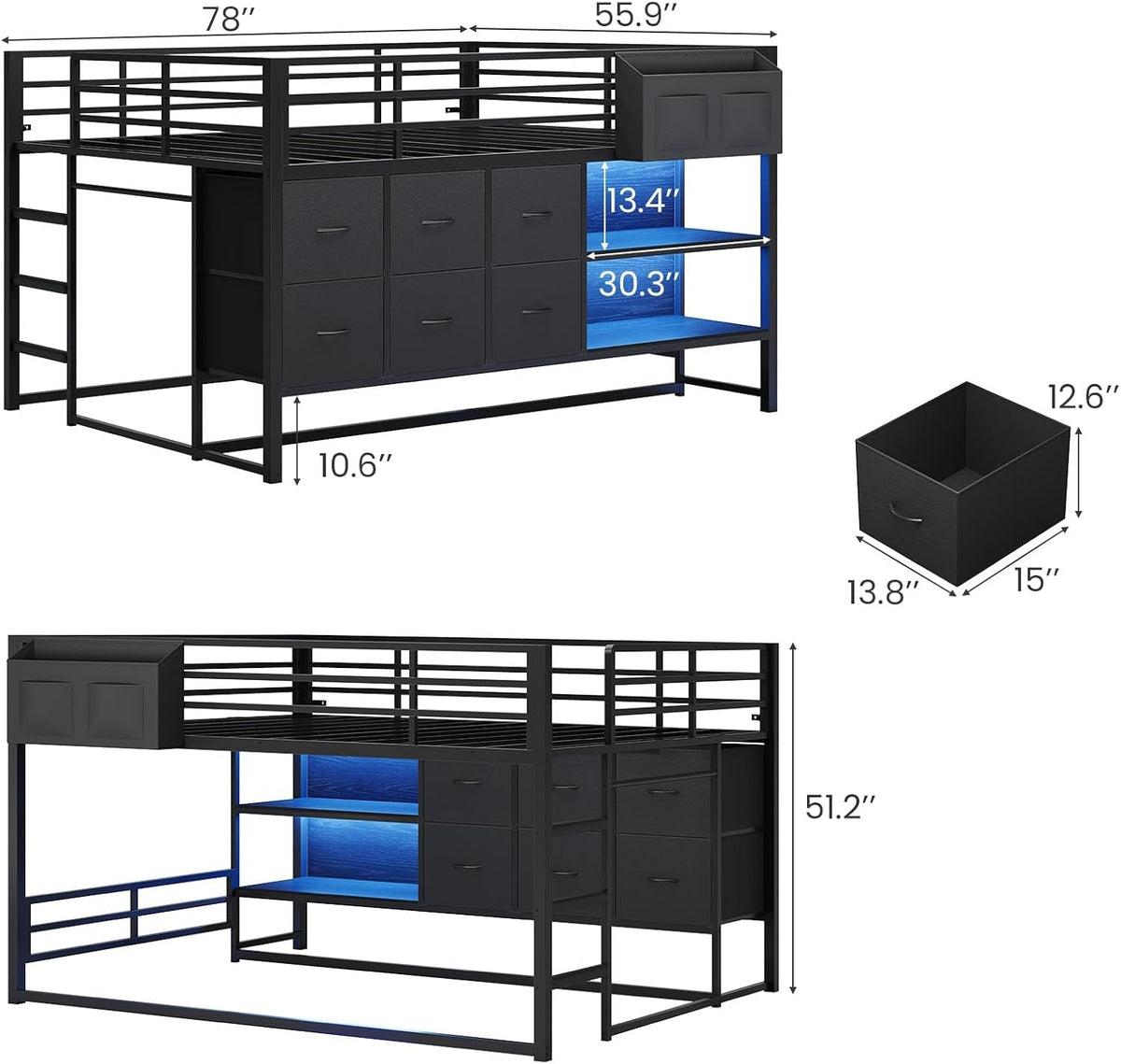 Full Over Twin Bunk Bed Black Security Guardrails Drawers