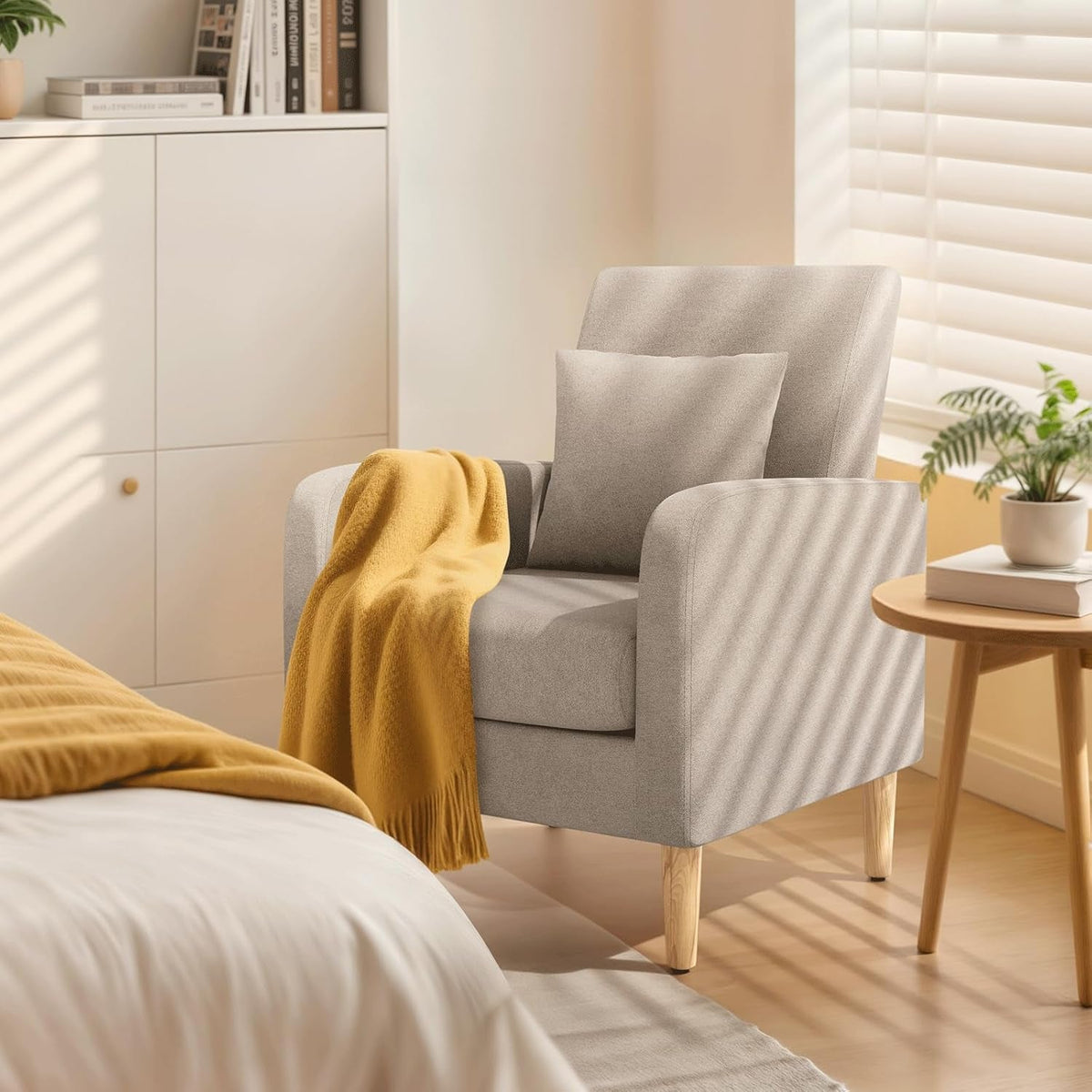 Beige Upholstered Contemporary Accent Chair With Legs