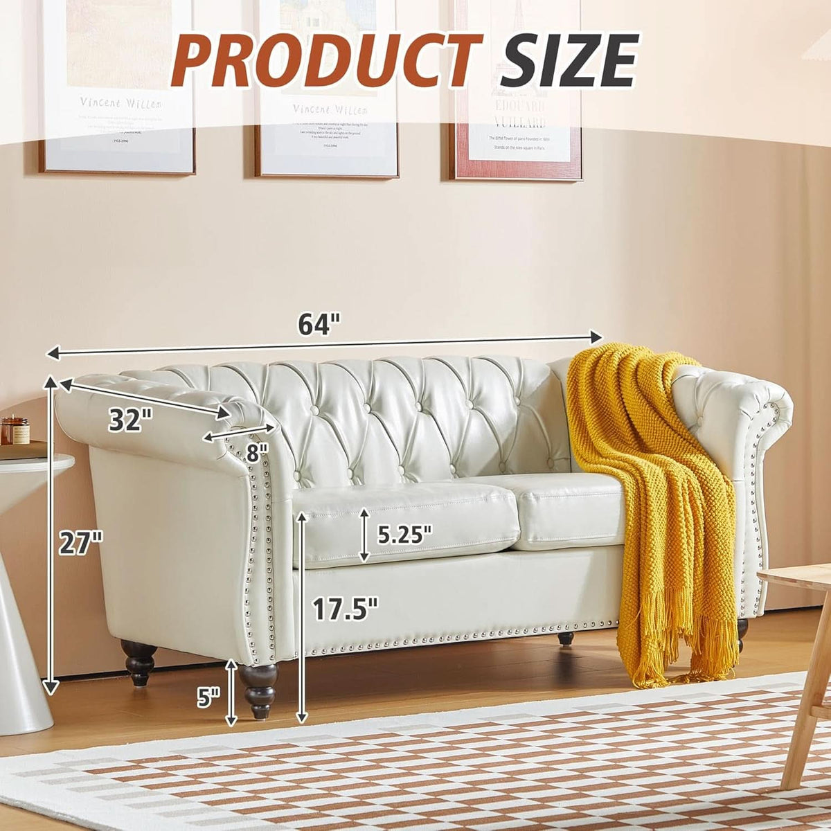 3 Piece Living Room Set Chesterfield Faux Leather Sofa Loveseat Chair White With Scroll Arms And Nailhead-2
