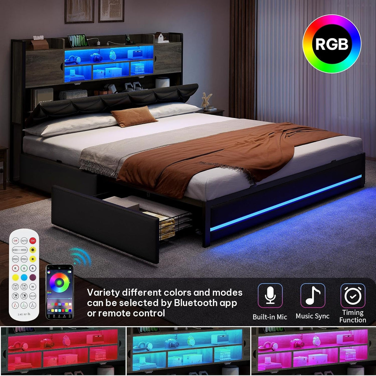 Queen Luxurious Upholstered Bed Frame RGBLED Lighting-2