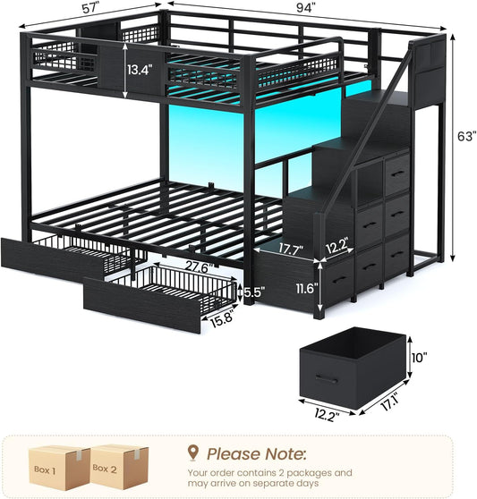 Black Full Over Full Bunk Bed LED Lighting Quality Durable