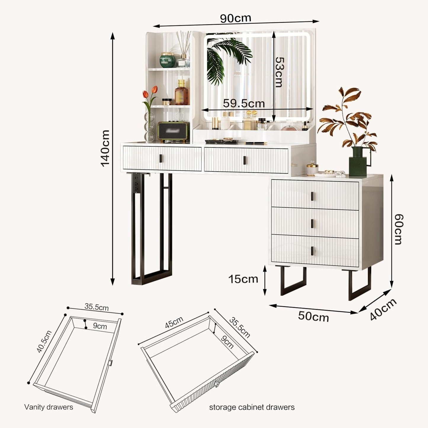 Premium White Vanity Desk With Illuminating Mirror