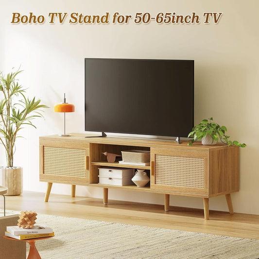65 Inch Boho TV Stand With Rattan Entertainment Center