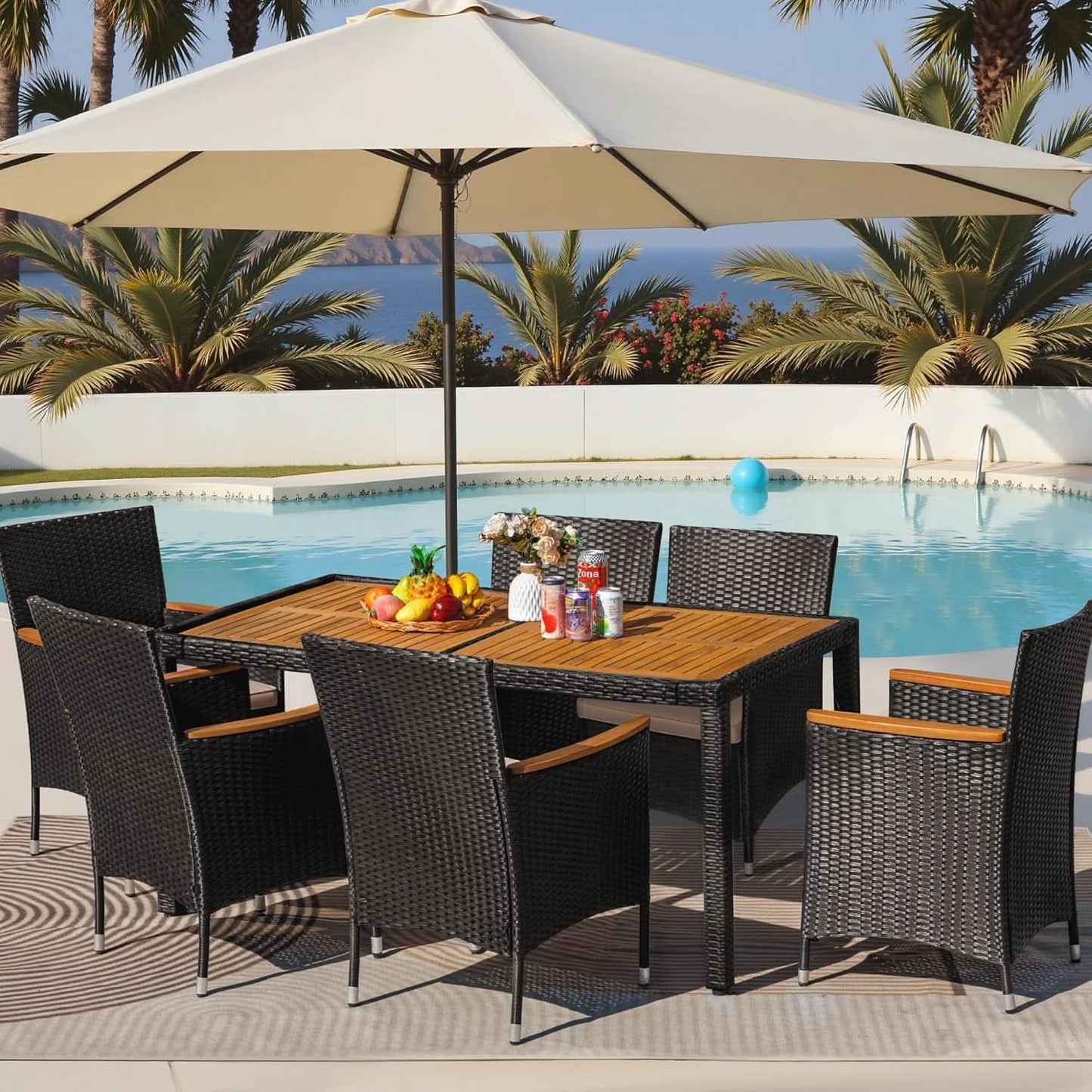 7 Piece Outdoor Patio Dining Set Black Rattan Chairs