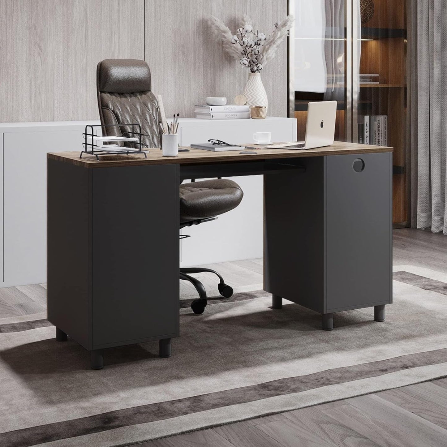 Walnut 53 Inches Workstation Desk Lockable Drawers