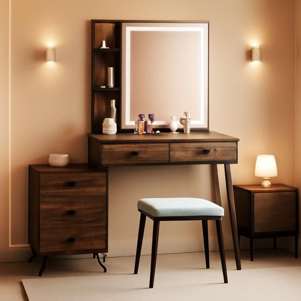 Makeup Vanity Table Featuring Large Illuminated Mirror