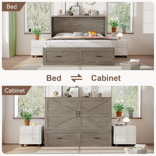 Grey Queen Murphy Cabinet Bed With Generous Storage