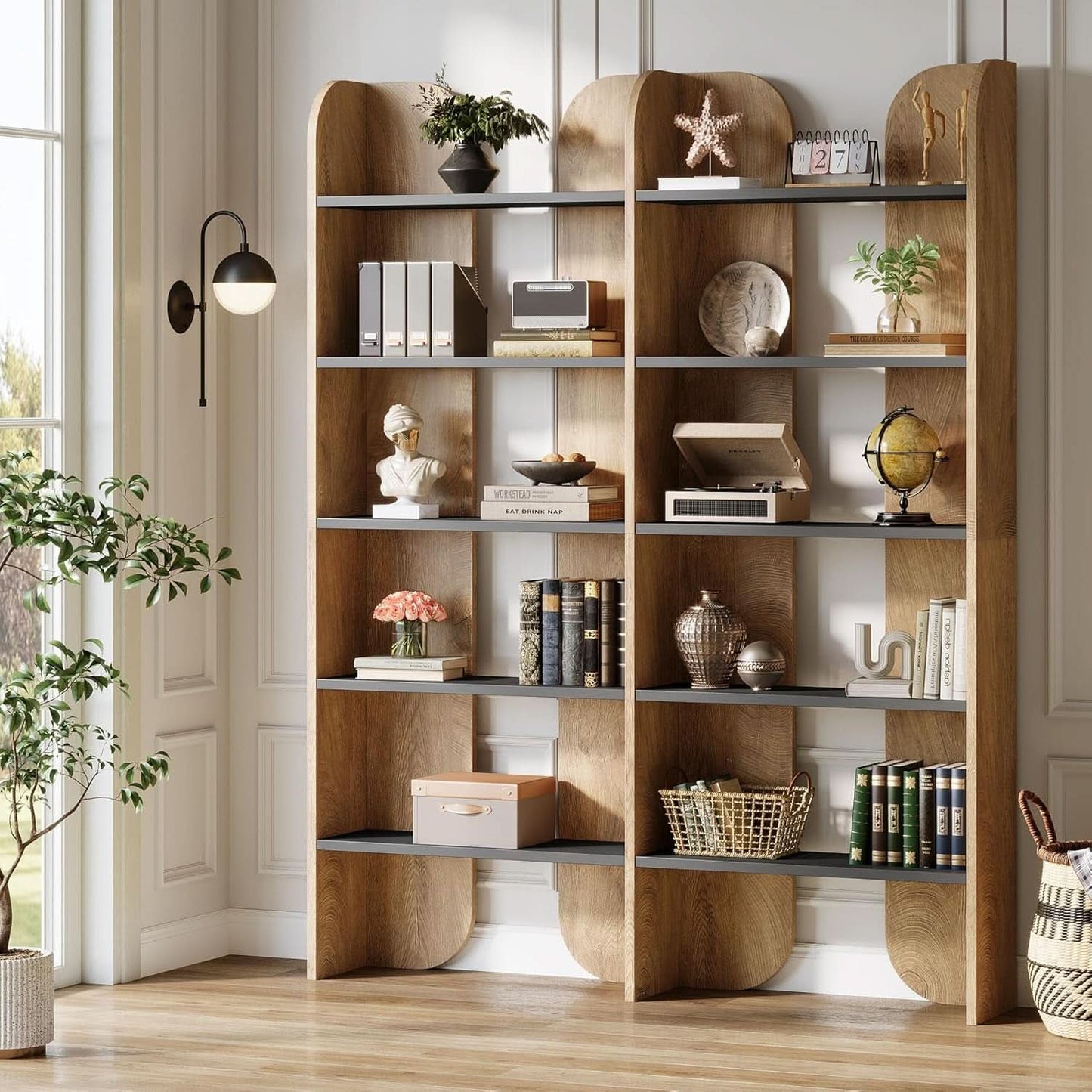 Farmhouse Bookshelf 70.87 Inches Double Wide Bookcase
