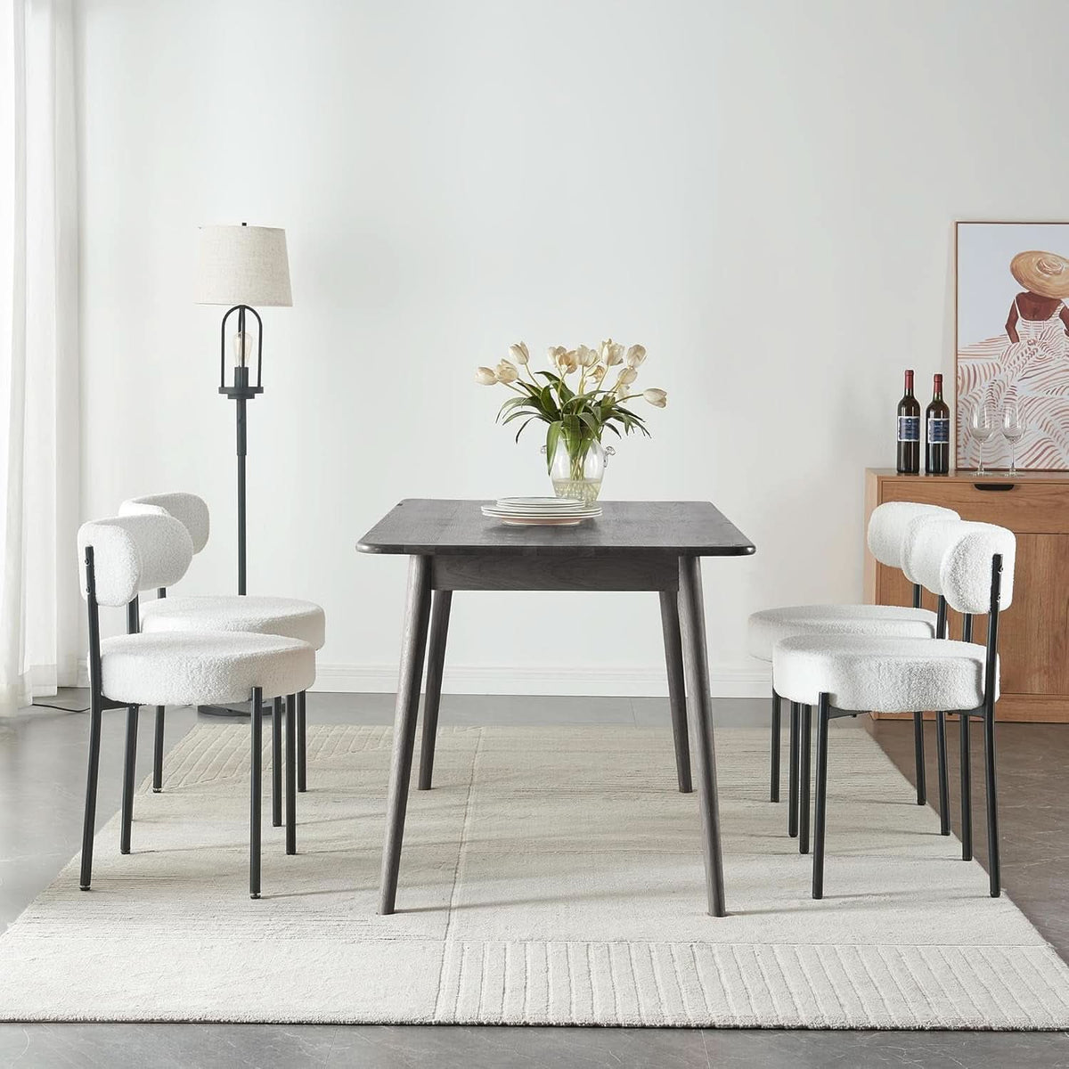 White Boucle Dining Chairs Set Of 2 For Dining Room