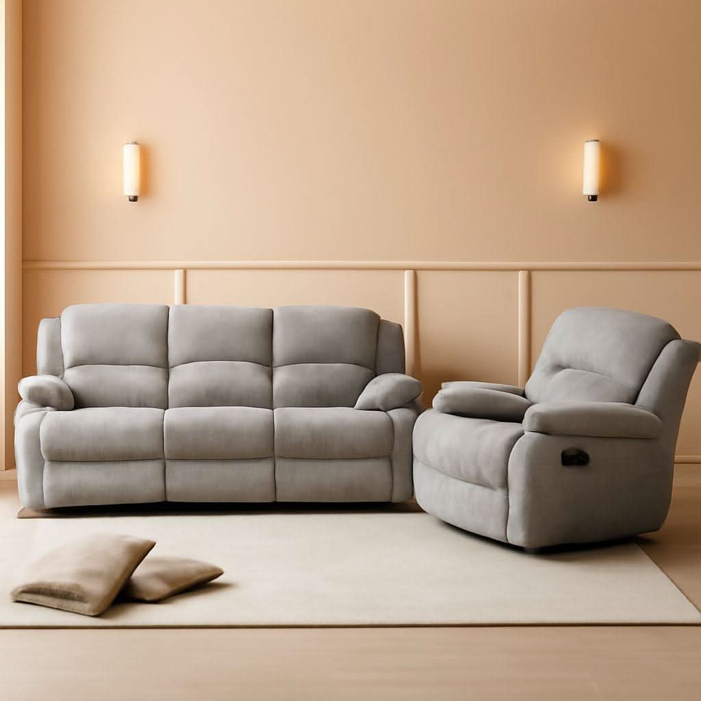 Light Grey Microfiber Reclining Sofa Set Cupholder