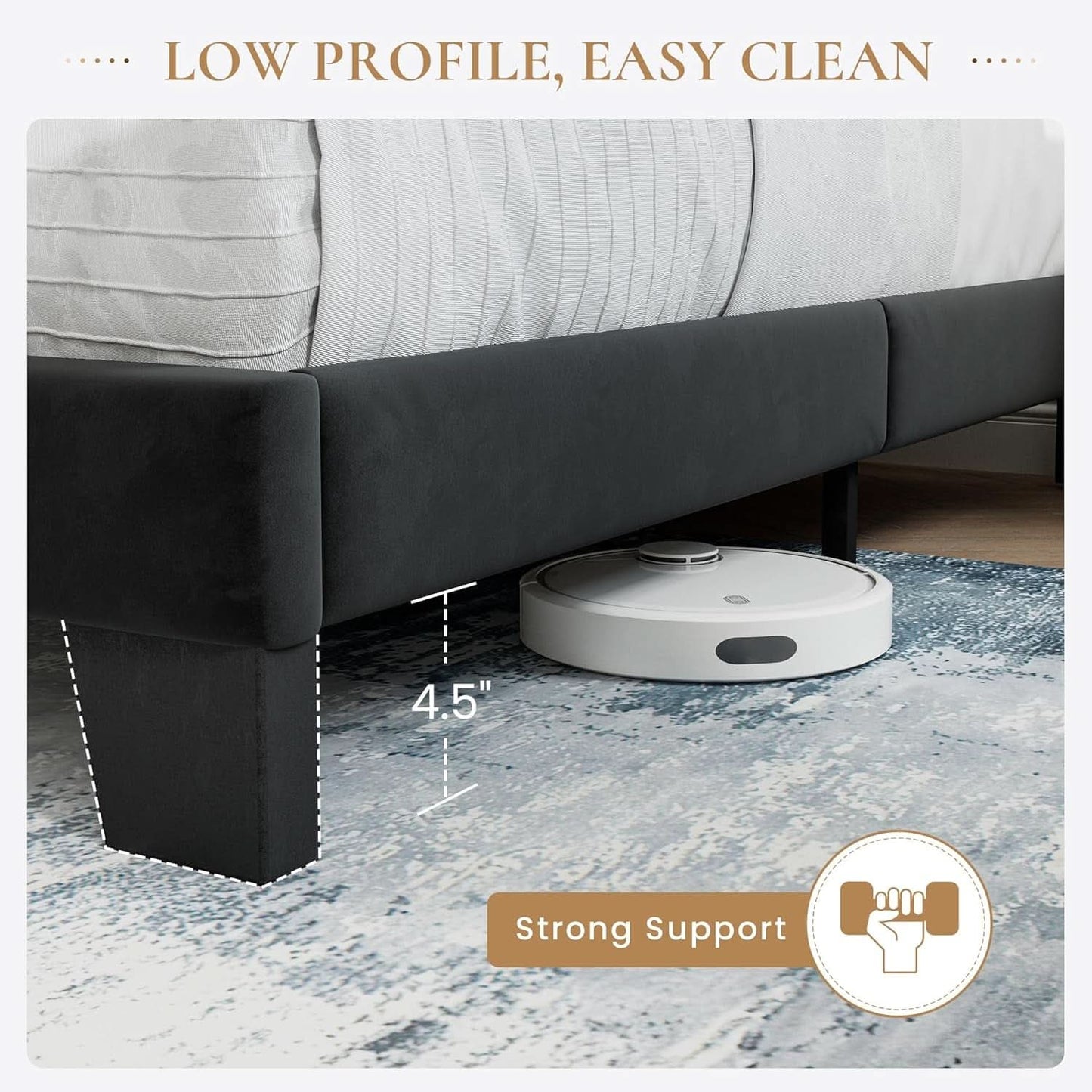 Standard Platform Bed Frame Velvet Headboard Black