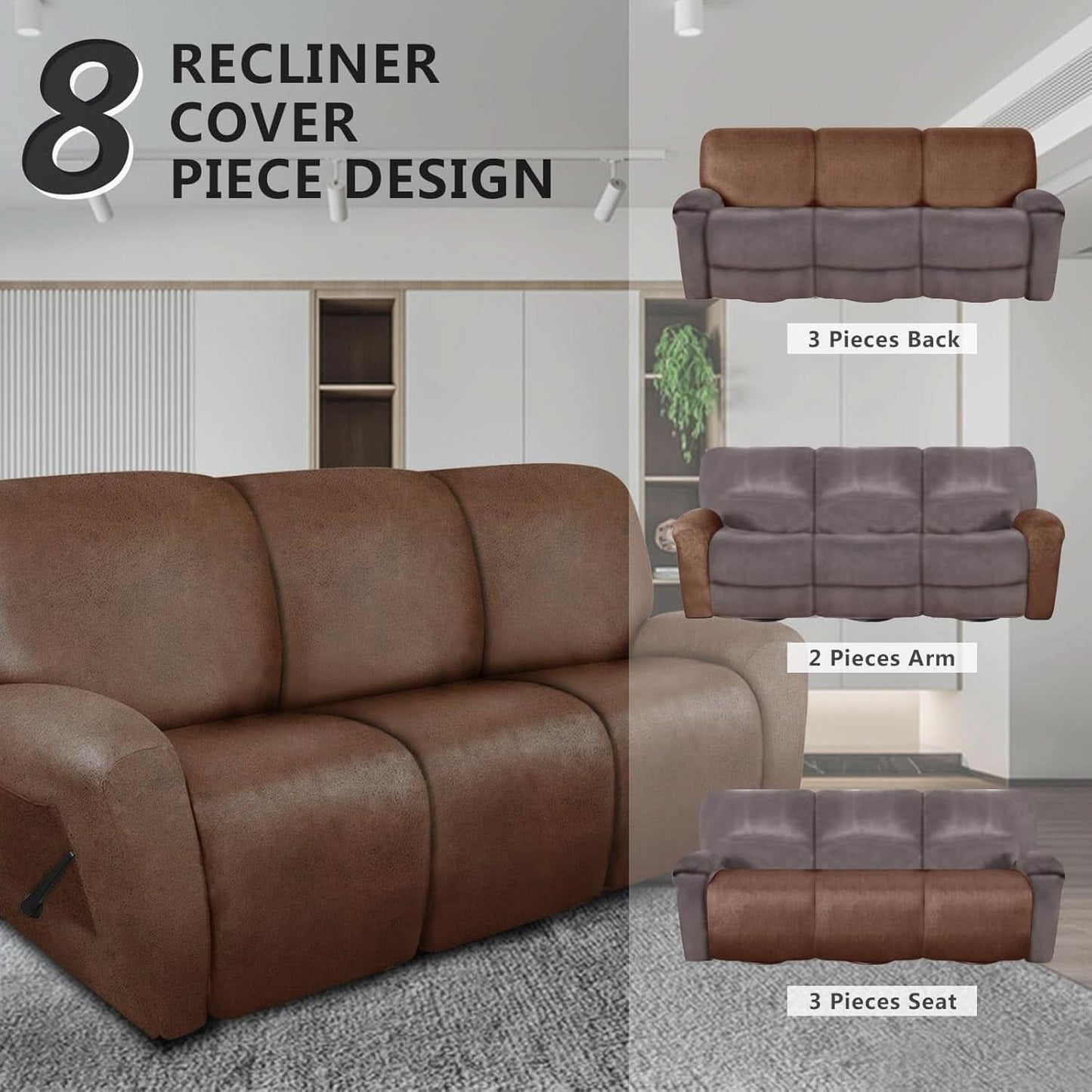 Premium Recliner Sofa Slipcover Three Seater Brown