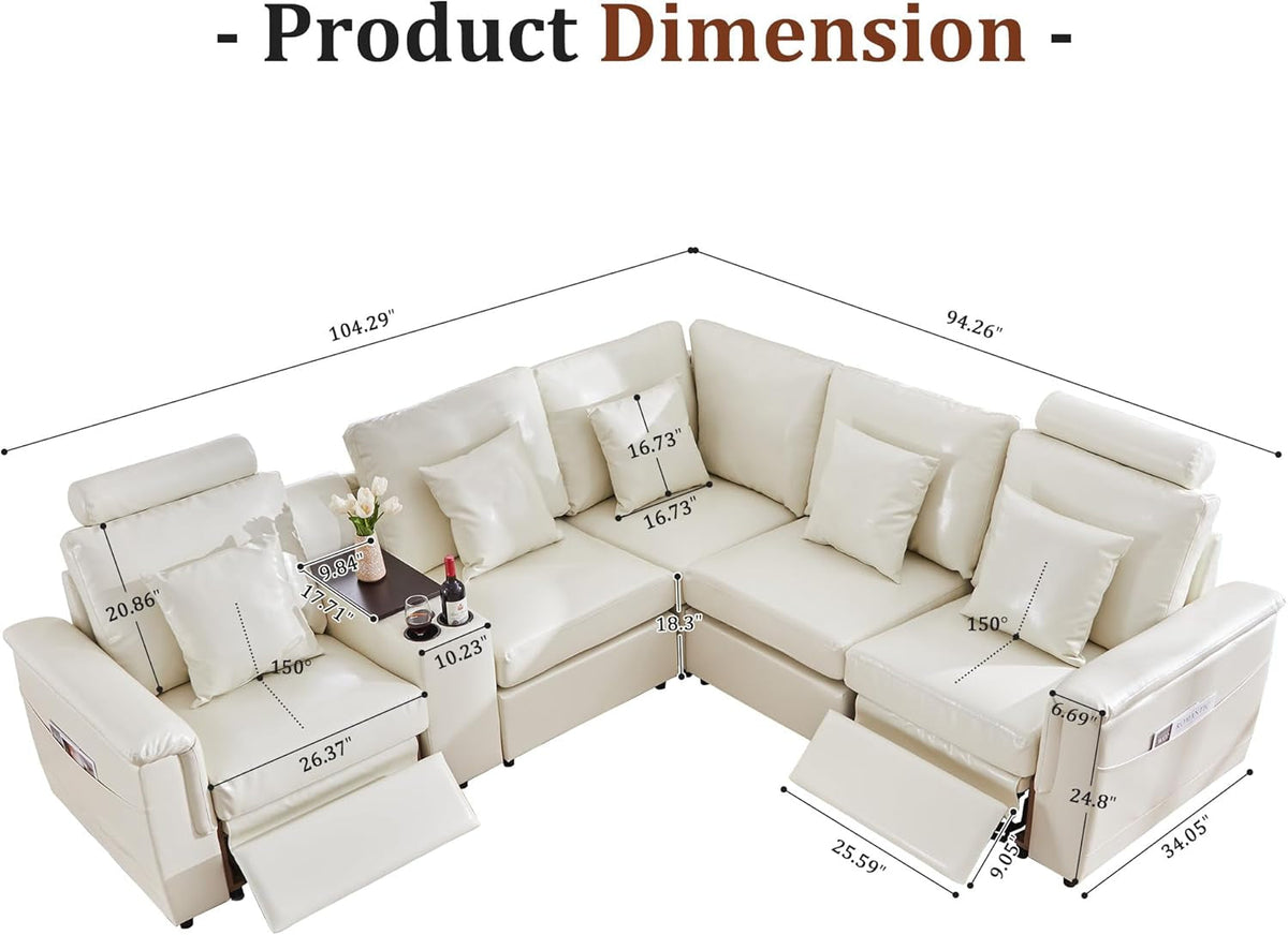 Cream White Power Reclining Modular Sectional Sofa