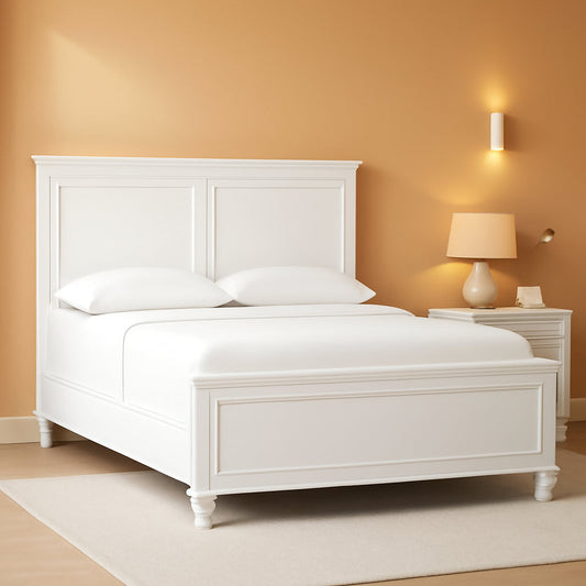 Queen Panel Bed White With Sculpted Ornate Tapered Feet-0