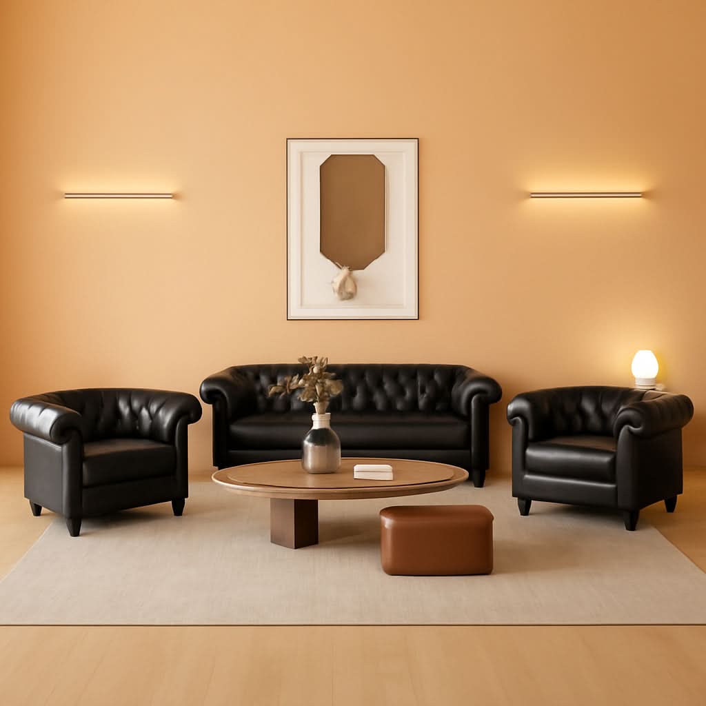Three Piece Living Room Furniture Set With Faux Leather Chesterfield Sofa Club Chair And Loveseat In Black-0