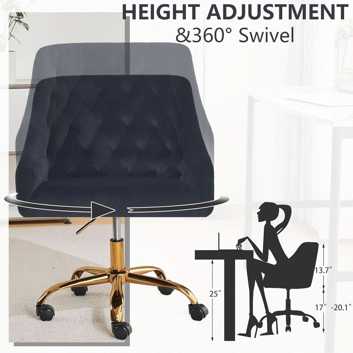 Black Velvet Office Chair 360 Swivel For Home Office-1