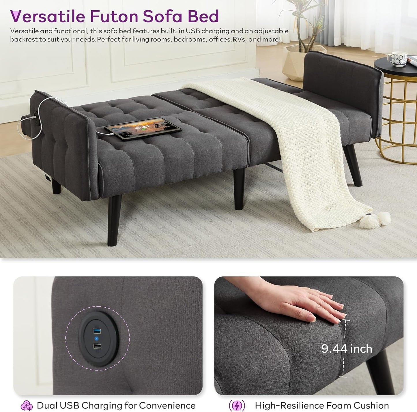 65 Inch Charcoal Grey Upholstered Convertible Sleeper Sofa