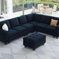 Velvet L Shaped Sofa Reversible Chaise Storage Ottoman Blue