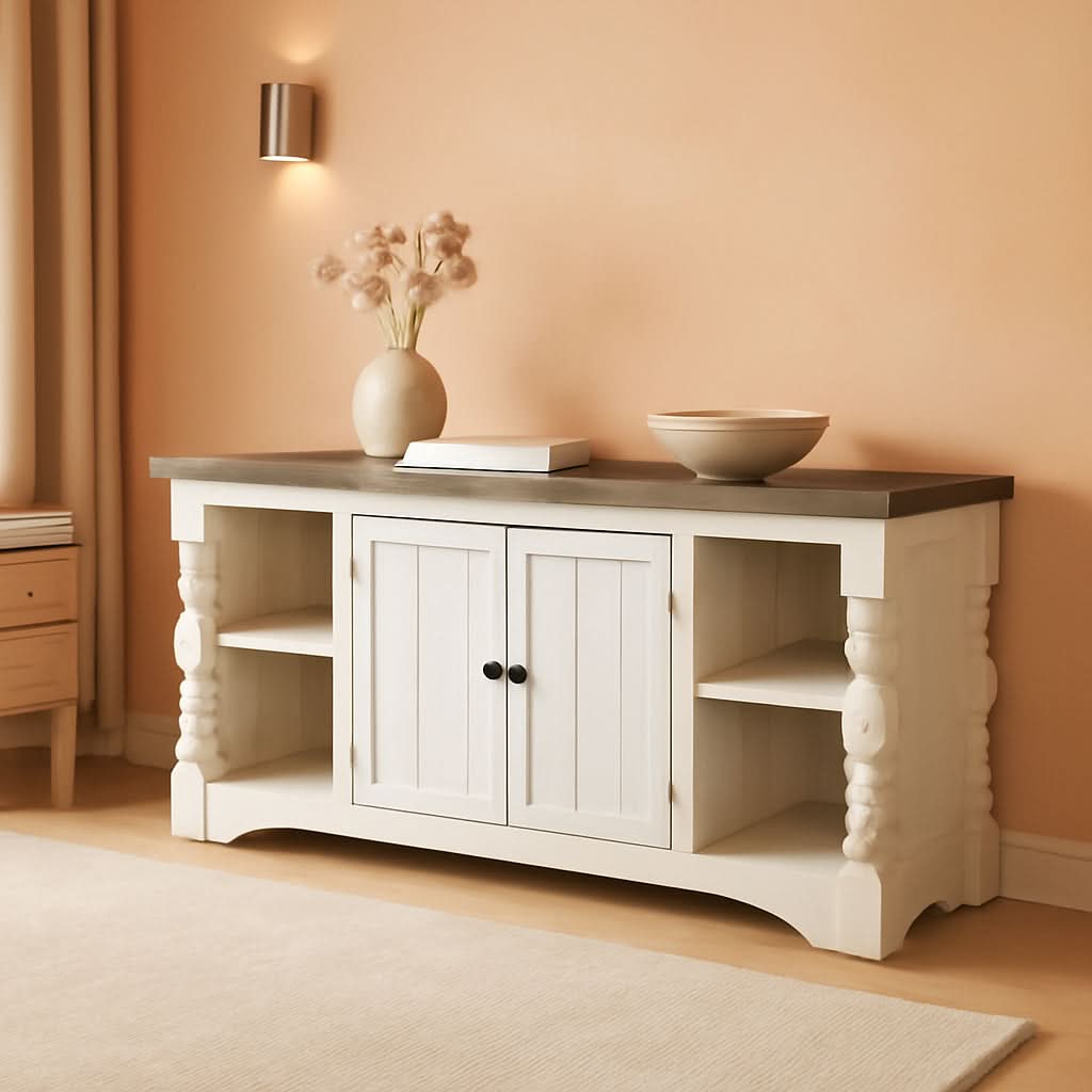 65 Inch Farmhouse TV Stand Timeless White Weathered