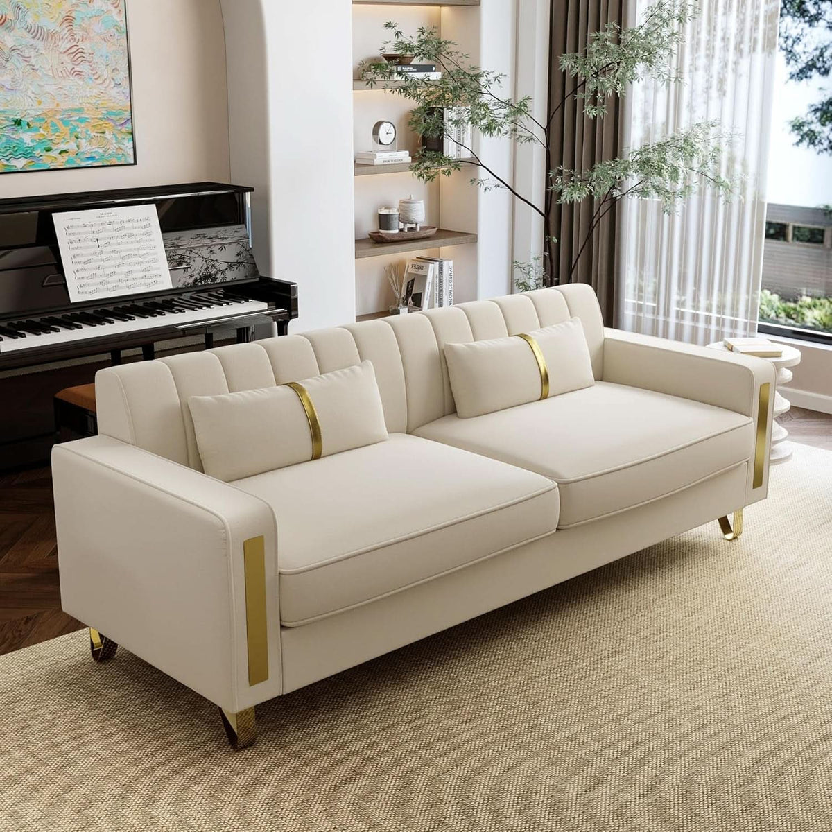 86 Inch Loveseat Sofa Set With Gold Metal Legs Beige Velvet Upholstery For Living Room-3