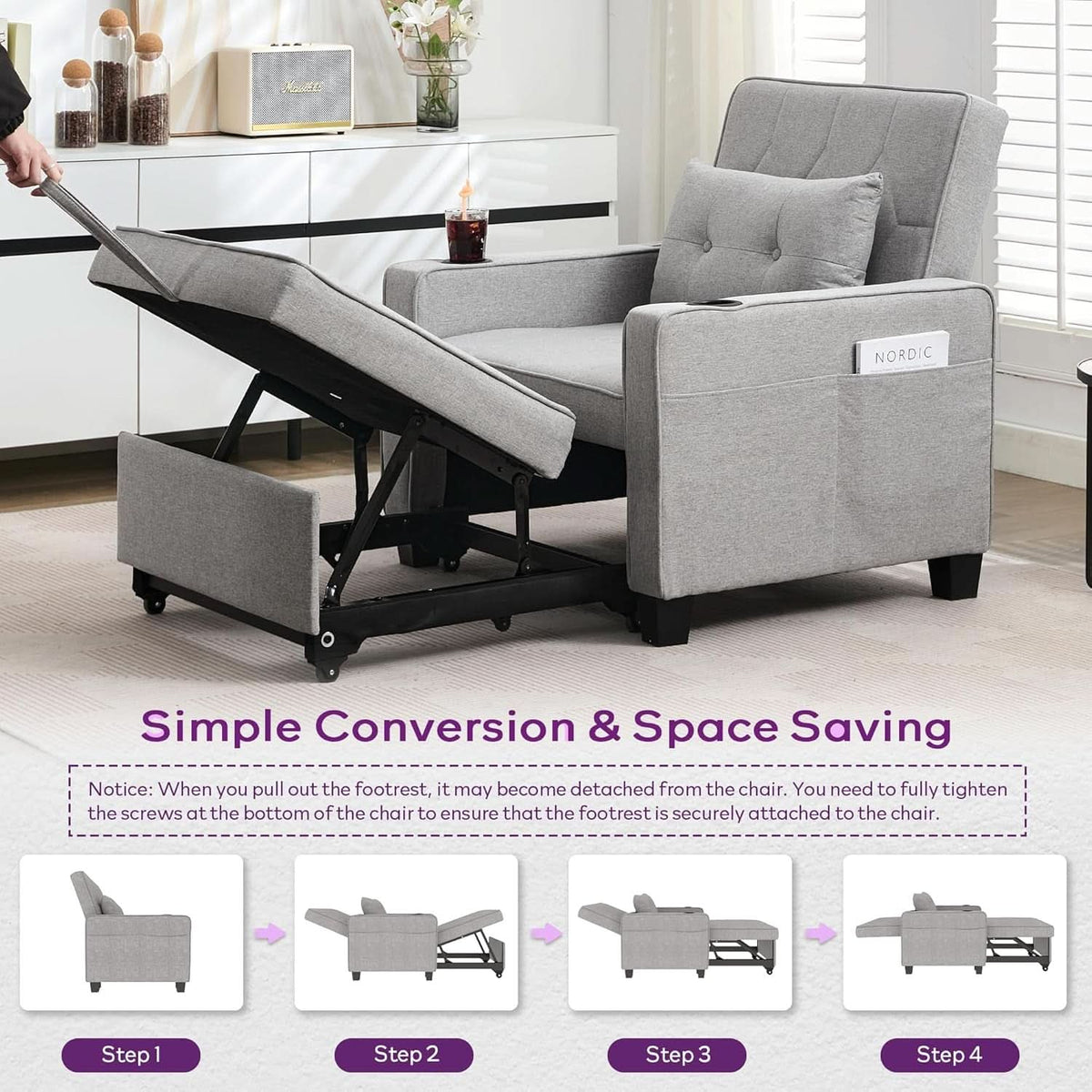 Charcoal Grey Convertible Sleeper Chair With USB Ports