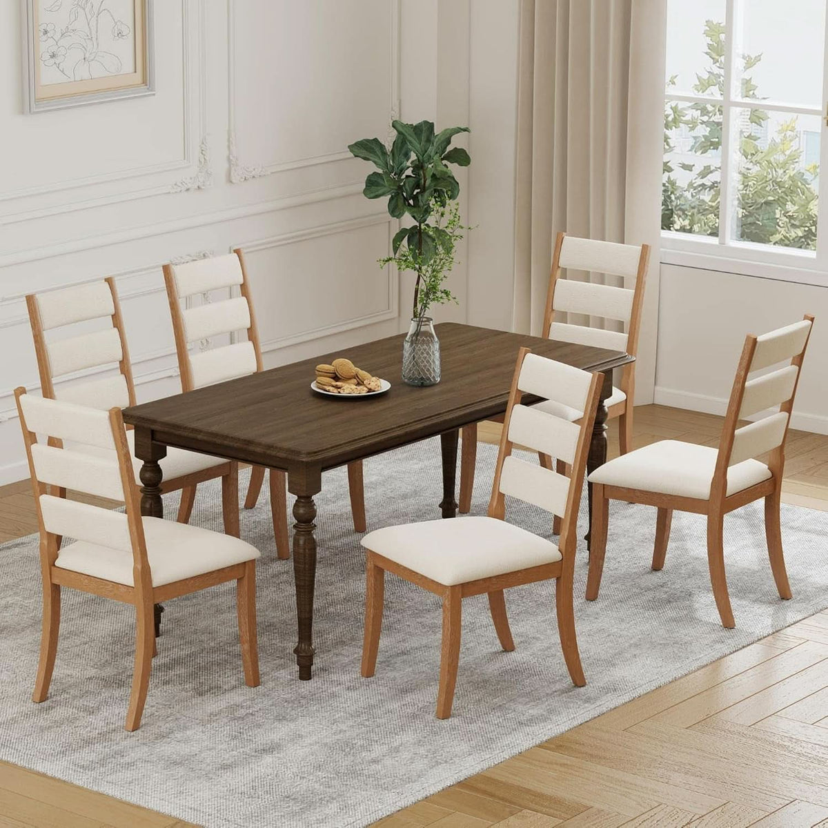 Farmhouse Ladder Back Dining Chairs Beige Upholstered