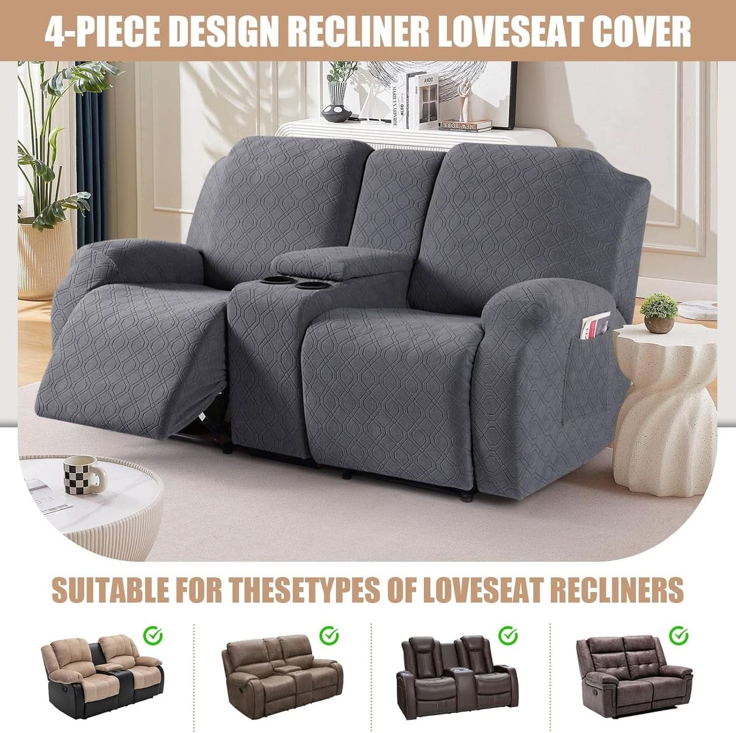Dark Gray Recliner Loveseat Slipcover Center Console