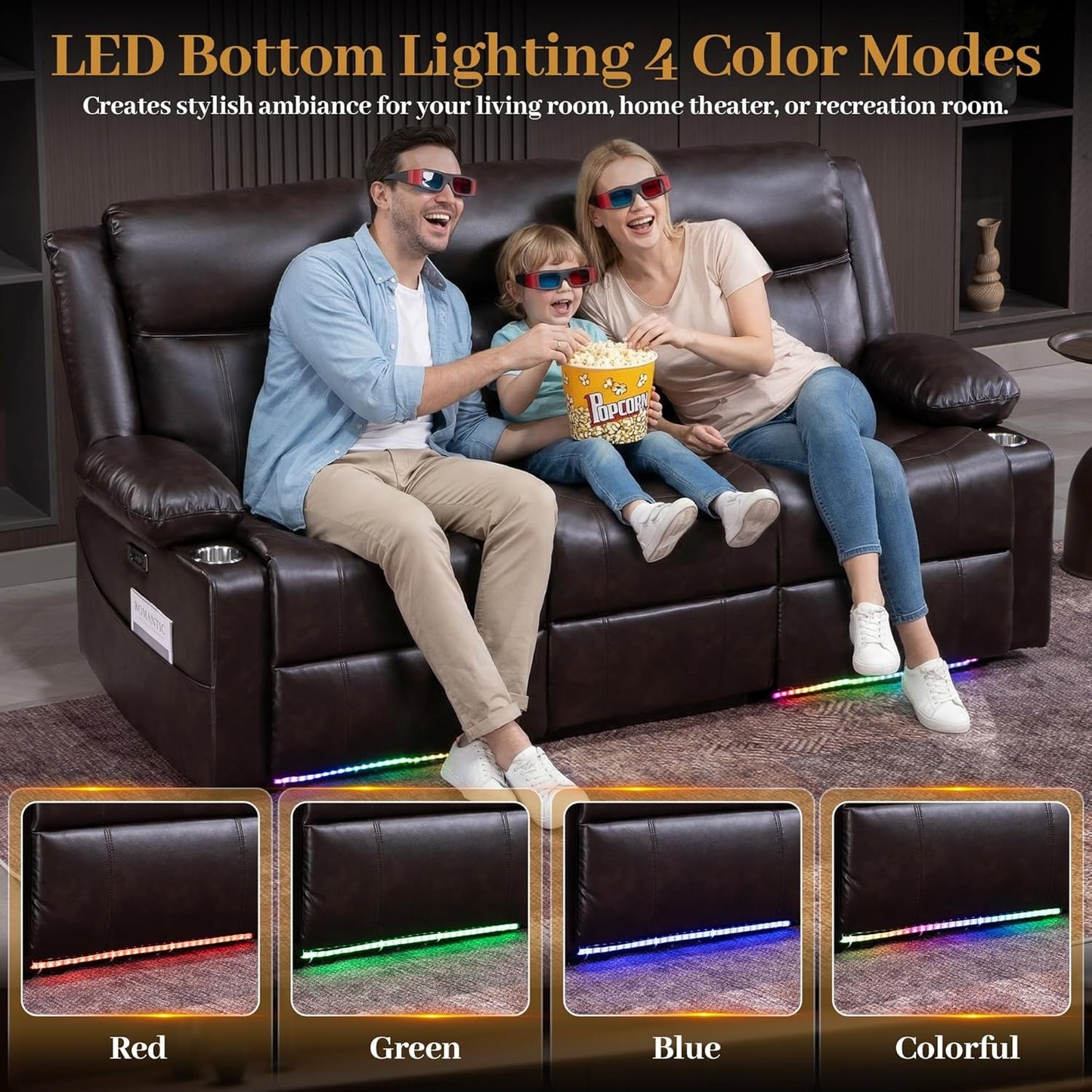 Brown Colorful LED Lighting Premium Reclining Sofa