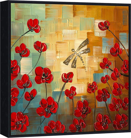 Framed Dragonfly Floral Impressionist Canvas Wall Art
