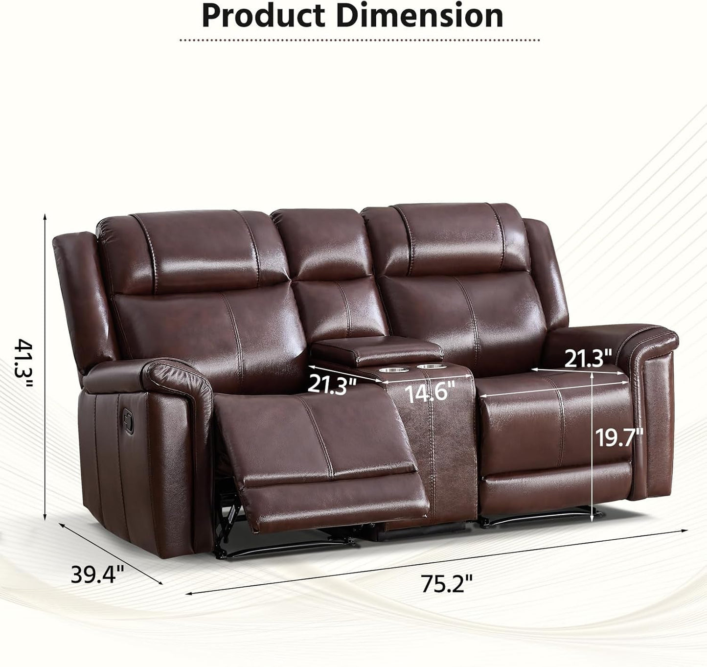 Genuine Leather Manual Overstuffed Loveseat Recliner Brown