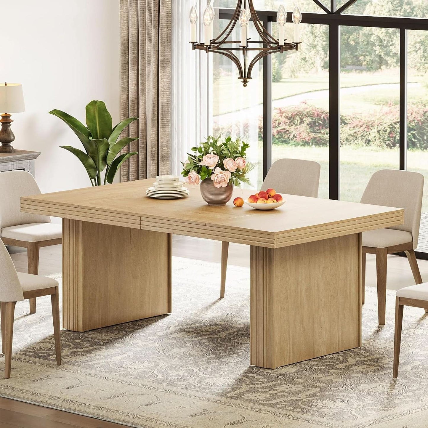 63 Inch Farmhouse Dining Table Seats 6 With Fluted Lines