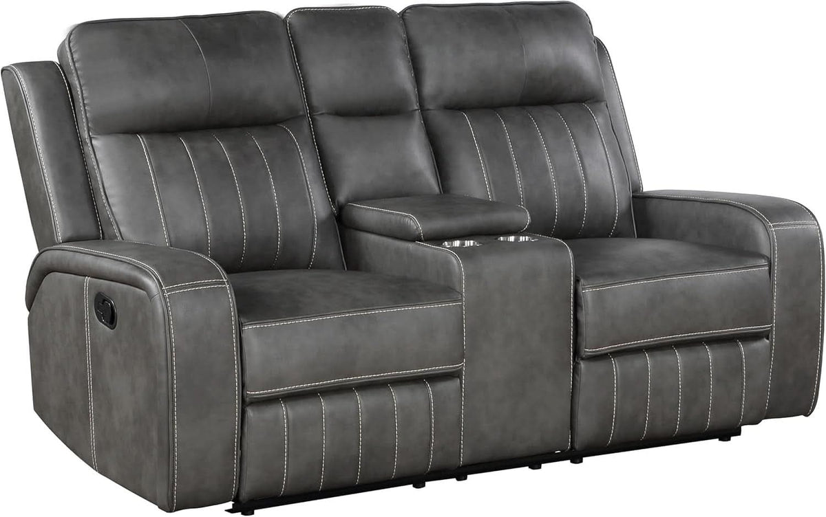 Gray Faux Leather Reclining Loveseat With Manual Recline