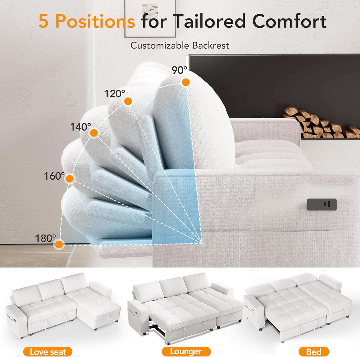 81 Inch Transformable Chenille Sleeper Sectional Sofa-4